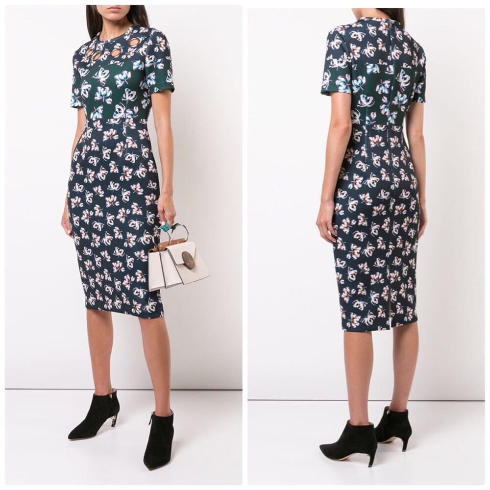 Yigal Azrouel Green Floral Print Sheath Bodycon Dress with Grommets NEW‎
